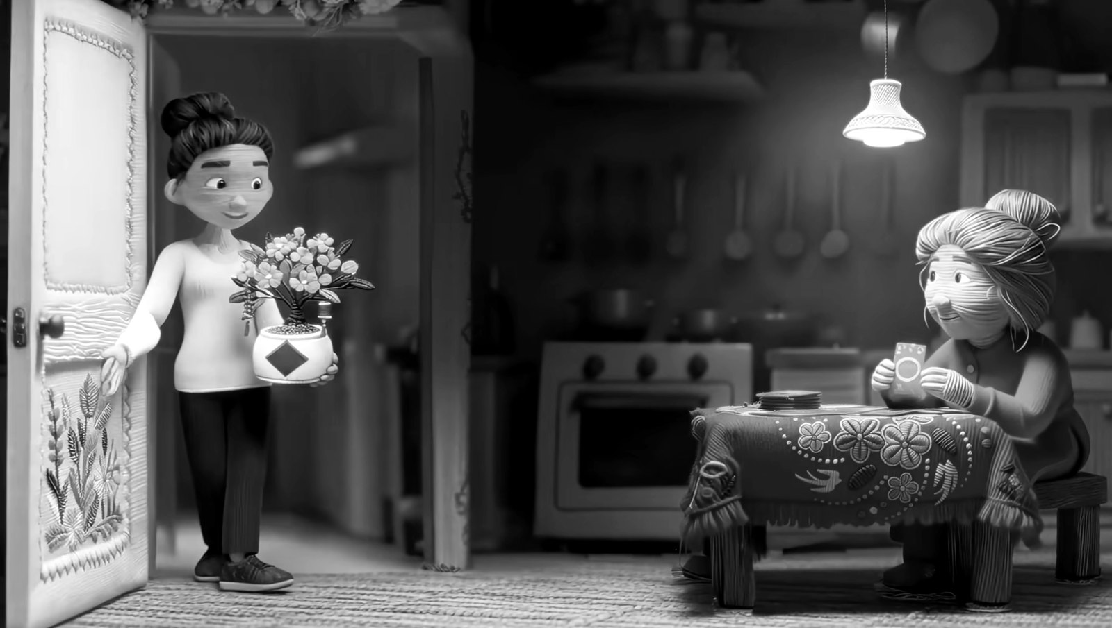 Still from Coca-Cola Tết: embroidered-textile characters, a woman bringing a blossom tree to her grandmother