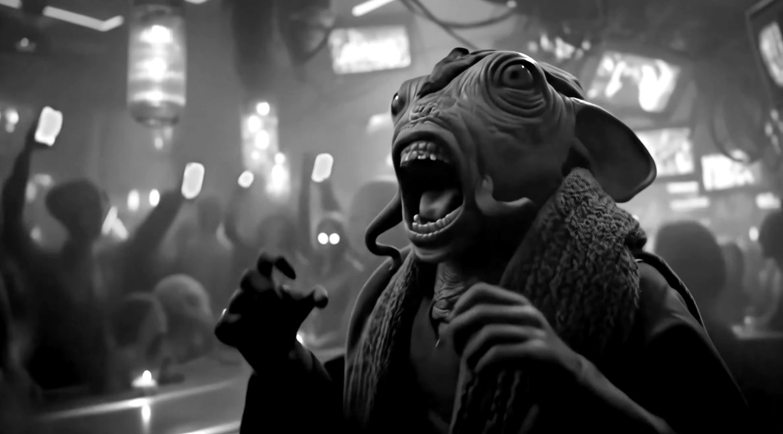 Still from Kalshi “The Whole Planet”: an alien cheering in a crowded bar